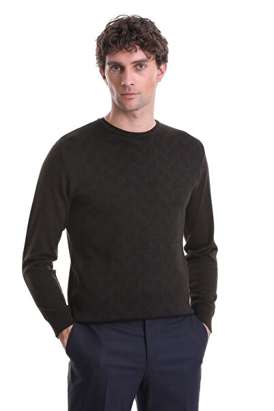 Hatemoğlu Коричневий Regular Fit жакардовий светр з велосипедним коміром з вовняного трикотажу