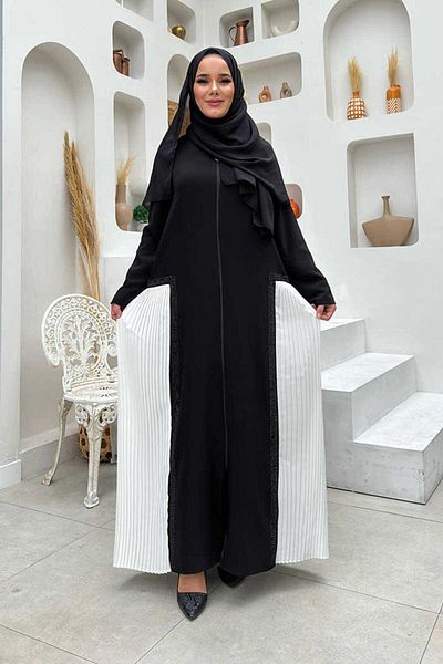Bym Fashion Pleat Stone Detailed Zippered Ferace 7892 Ecru