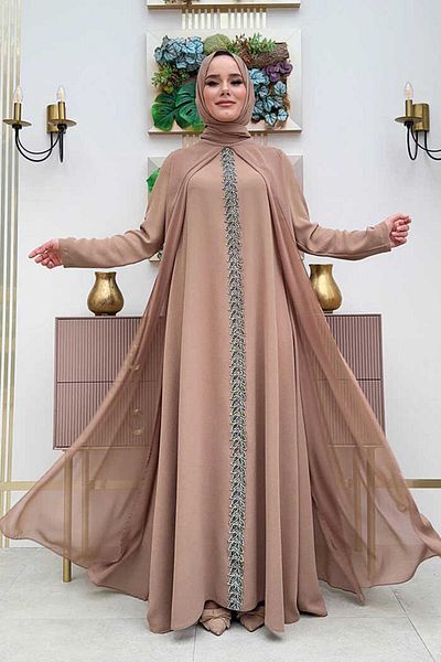 Bym Fashion Φόρεμα σάλι με λεπτομέρεια κεντήματος Cape 3868 Mink