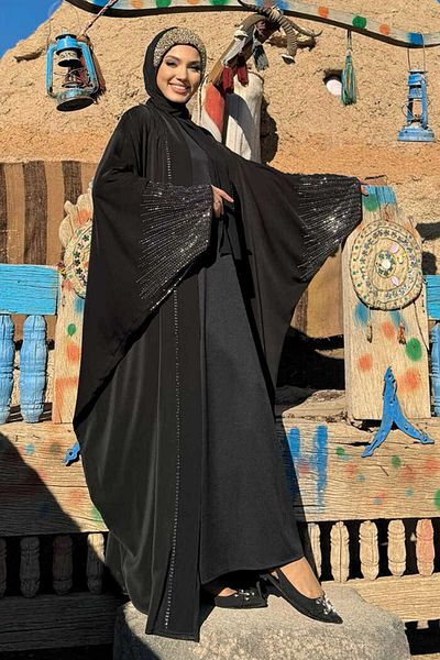 Bym Fashion Stone Printed Scarf Collar Abaya 7880 Black