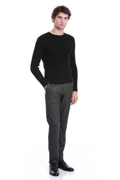 Hatemoğlu Black Slim Fit Corded Crew Neck Wool Knitwear Sweater