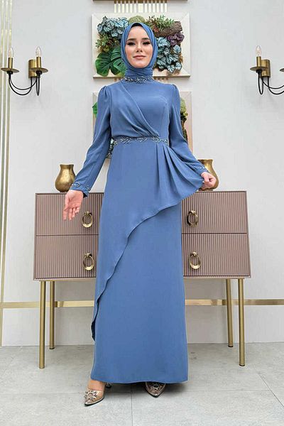 Bym Fashion Cross Look Skirt Stone Embroidered Evening Dress 3874 Indigo