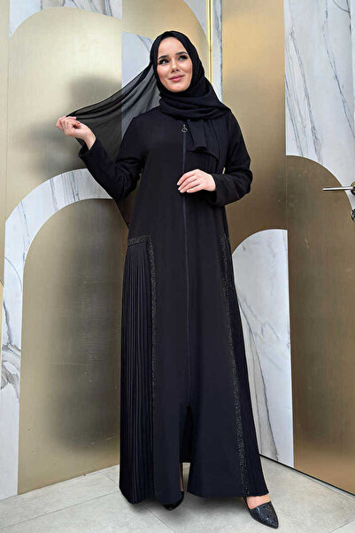 Bym Fashion Pilise Taş Detay Fermuarlı Ferace 7892 Siyah