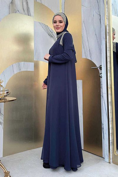 Bym Fashion Φόρεμα με λεπτομέρεια από πέτρα λαιμού και ώμου 3876 Navy Blue