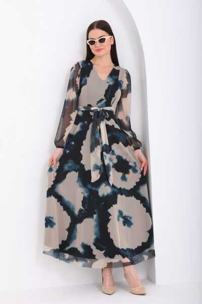 CİXAPLE Baskılı V Yaka Maxi Boy Elbise