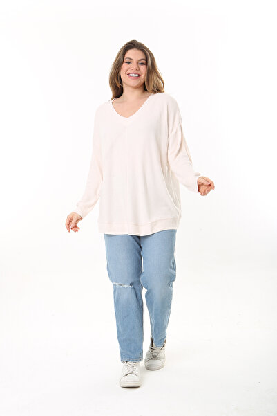 Şans Women's Large Size Powder V-Neck Self-Striped Long Sleeve Tunic 65N37527