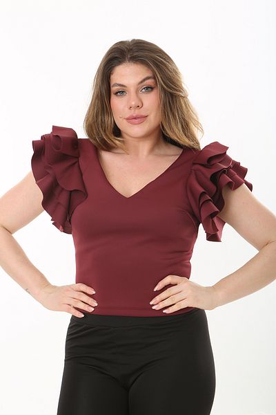 Şans Women's Plus Size Claret Red Flounce Sleeve Back Hidden Zipper Blouse 65N37533