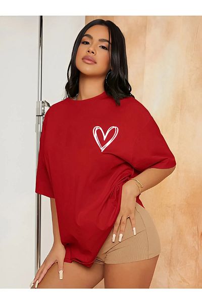 Evomind In the Cart, 1 T-Shirt Is a Gift for Purchases of 5 or More - Minimal White Heart Printed Oversize T-Shirt