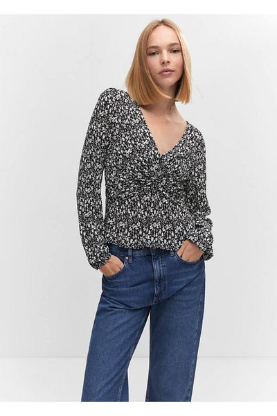 MANGO Woman Knot Detailed Patterned Blouse