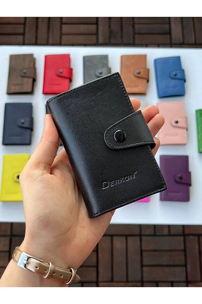 DERKON 100% Genuine Leather Accordion Card Holder Black Color