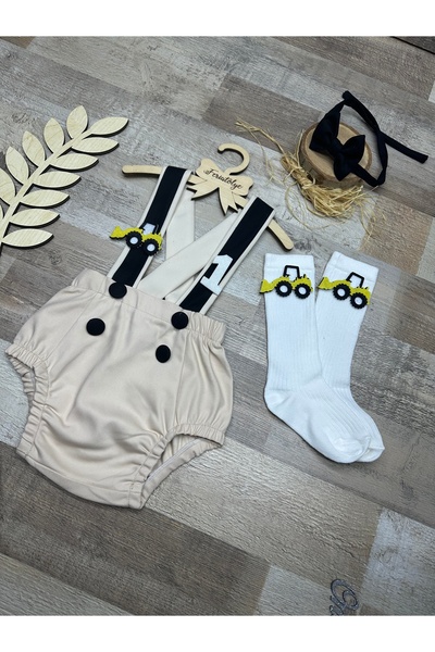 Feriatolye İş makinası konsepti erkek bebek doğum günü salopet papyon çorap t...