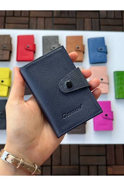 DERKON 100% Genuine Leather Accordion Card Holder Navy Color
