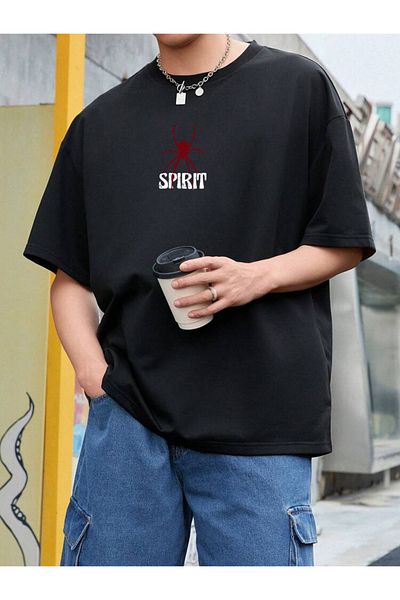 DEEPSENCE Unisex Oversize μπλουζάκι Spirit Back εμπριμέ βαμβακερό ύφασμα μαύρο