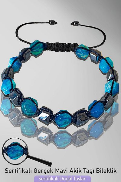 Tesbih Atölyesi Certified AAA+ Diamond Cut Terahertz - Blue Agate Stone Bracelet - Adjustable