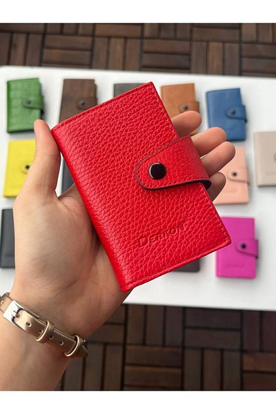 DERKON 100% Genuine Leather Accordion Card Holder Red