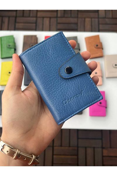 DERKON 100% Genuine Leather Accordion Card Holder Blue Color