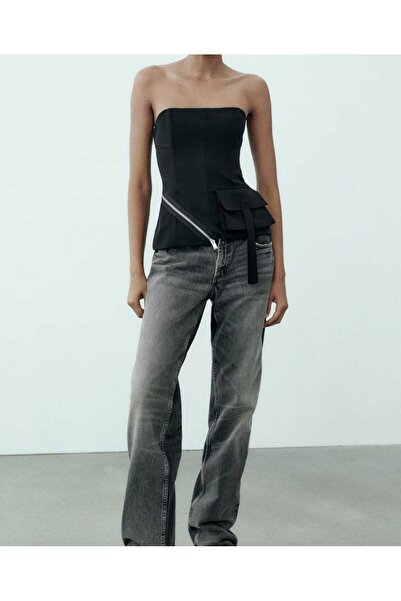 Elizar Moda SİYAH FERMUARLI KÖRÜK CEPLİ BÜSTİYER