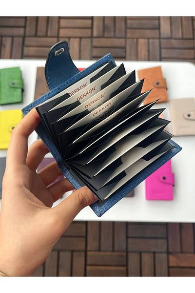 DERKON 100% Genuine Leather Accordion Card Holder Blue Color