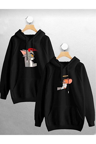 PERISENSE سويت شيرت بقلنسوة مطبوع عليه توم وجيري للجنسين للنساء والرجال مقاس كبير مكون من قطعتين