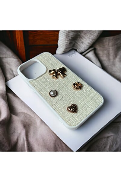 iPhone 12 / 12 Pro Uyumlu Taşlı Figürlü Kumaş Doku Kılıf