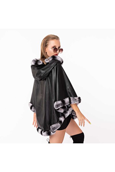 İsmek Leather Hakiki Deri Çift Taraflı Siyah Panço