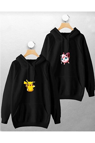 PERISENSE سويت شيرت بقلنسوة مطبوع للجنسين للنساء والرجال كبير الحجم بتصميم مخصص للزوجين بيكاتشو مكون من قطعتين