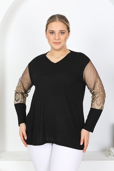 HÜLYA BUTİK WOMEN'S BLACK V-NECK SLEEVE STAR EMBROIDERED BLUZ