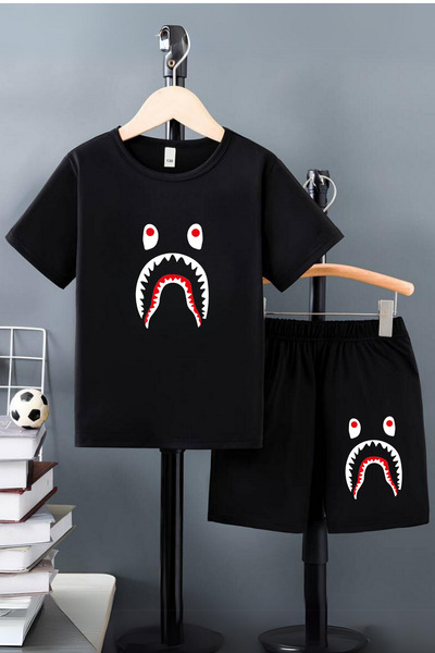 AMMA Unisex Siyah Bape Shark Baskılı Alt Üst T-Shirt Şort Takım
