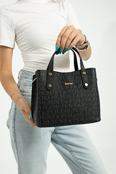 Just Polo حقيبة نسائية سوداء 3 أقسام - حقيبة يد وكتف بحزام قابل للتعديل - 2193