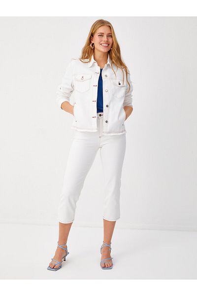 Faik Sönmez Contrast Stitch Detailed Jeans Jacket with Tassels on the Skirt 68426