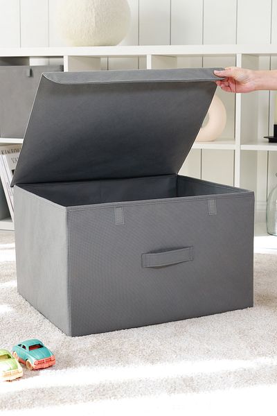 REKHOME منظم لعبة الغسيل باللون الرمادي مع غطاء صندوق تخزين قابل للطي 48x40x30