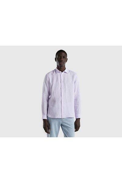 United Colors of Benetton Cămașă de in liliac pentru bărbați - 100% in