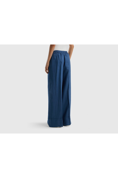 United Colors of Benetton Navy Blue Linen Women's Trousers - 100% Linen, Elastic Waist, Wide Cut