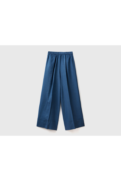 United Colors of Benetton Navy Blue Linen Women's Trousers - 100% Linen, Elastic Waist, Wide Cut