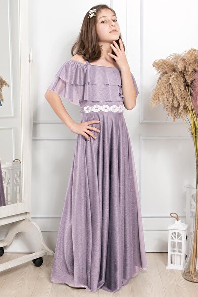 SUBU TASARIM Βραδινό φόρεμα με βολάν Λεπτομερές γκλίτερ τούλι λιλά Mdv314