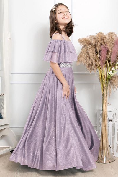 SUBU TASARIM Frill Detailed Glittery Tulle Evening Dress Lilac Mdv314