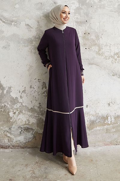 InStyle Lískový vzor pruhovaný žebrovaný Abaya - fialový