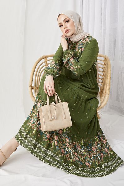 InStyle فستان حجاب كاجوال منقوش مائي - كاكي
