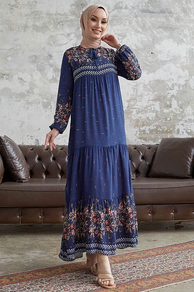 InStyle Φόρεμα Casual Hijab με υδάτινο σχέδιο - Navy Blue