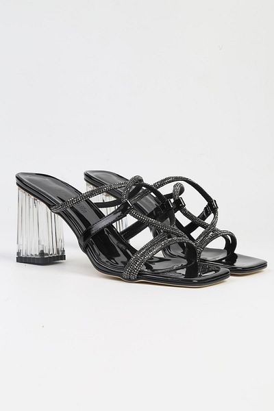 Pierre Cardin ®| PC-53042- 3478 Black Patent Leather-Women's Stoned Transparent Heeled Slippers