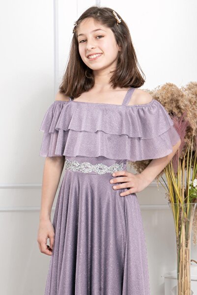 SUBU TASARIM Βραδινό φόρεμα με βολάν Λεπτομερές γκλίτερ τούλι λιλά Mdv314