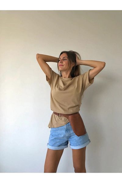 Evomind Μπλουζάκι Unisex Cotton Crew Neck Boyfriend Knitted Oversize Beige T-shirt