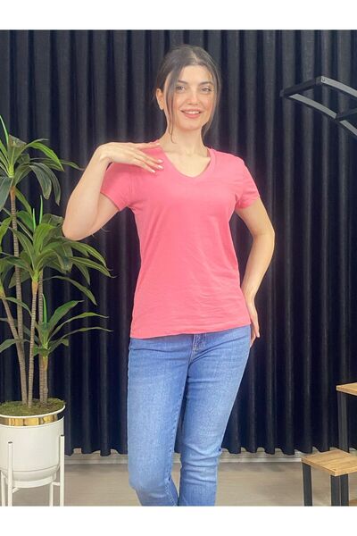 ESPOİRPLUS WOMEN'S PINK V-NECK SHORT SLEEVE 100% COTTON T-SHIRT
