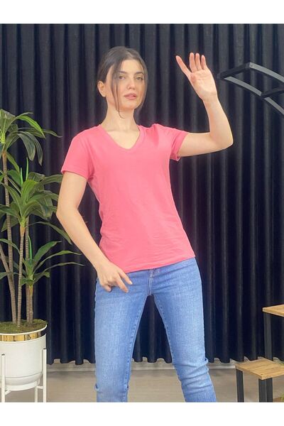 ESPOİRPLUS WOMEN'S PINK V-NECK SHORT SLEEVE 100% COTTON T-SHIRT