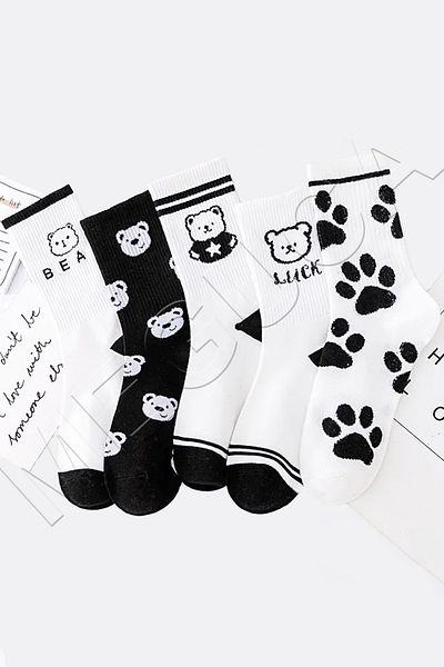 Meguca Socks Комплект дамски сладко плюшено мече с шарки, изключително меки и удобни чорапи 5 чифта