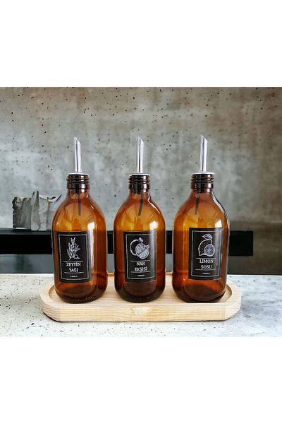 emdeco Set of 3 with Wooden Stand Olive Oil & Pomegranate Sour & Lemon Sauce Saucer 300 ml