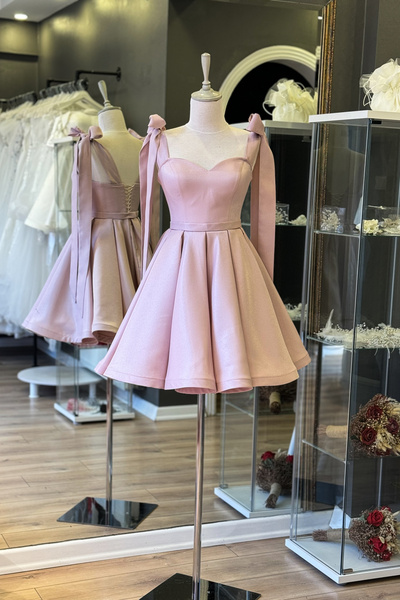 Lenta Moda Pudra Omuzdan Bağlamalı Mini Saten Abiye ve Gece Elbisesi