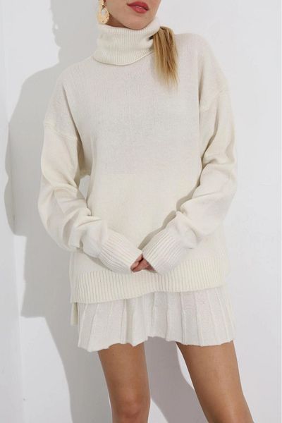 Laluvia Knochenfarbenes Strickset mit Faltenrock und Halsausschnitt, Sweatshirt