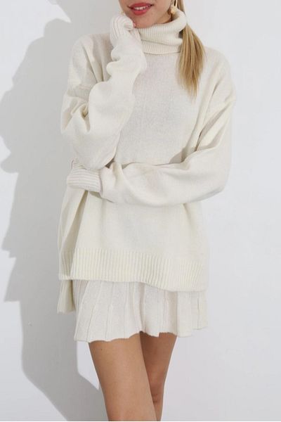 Laluvia Knochenfarbenes Strickset mit Faltenrock und Halsausschnitt, Sweatshirt