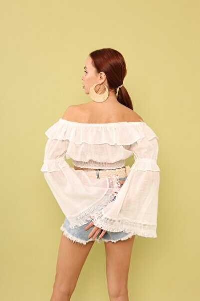 Lusin Γυναικεία λευκή μπλούζα με γιακά Madonna